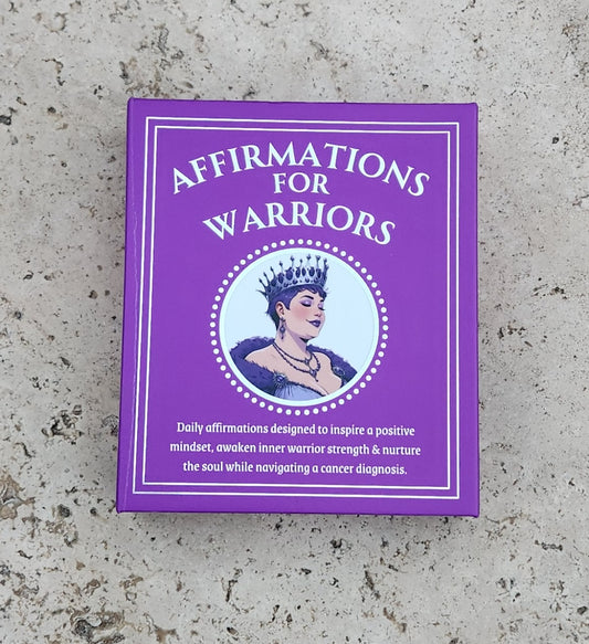 Purple affirmation deck titled 'Affirmations for Warriors' on a textured surface